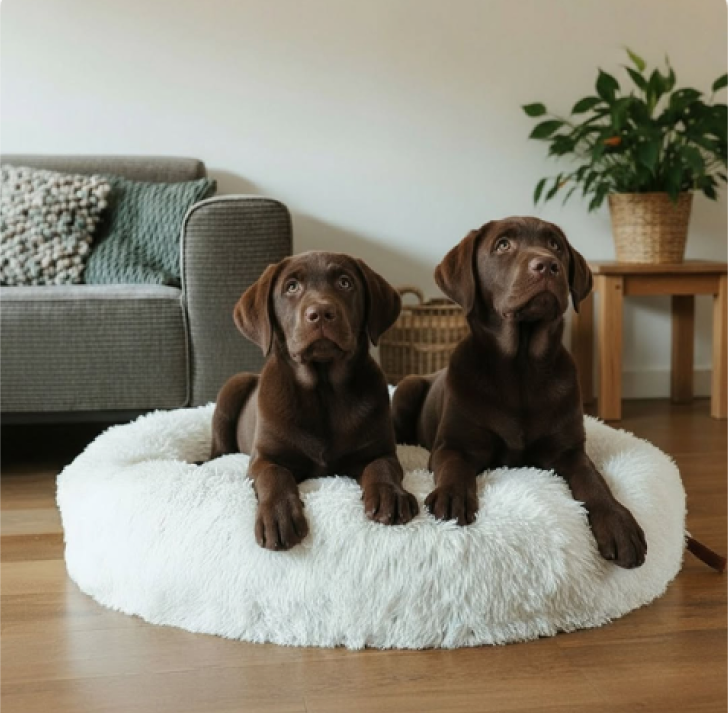 Brun labrador som ligger på en rund, fluffy hvit MrFluffyFriend‑seng